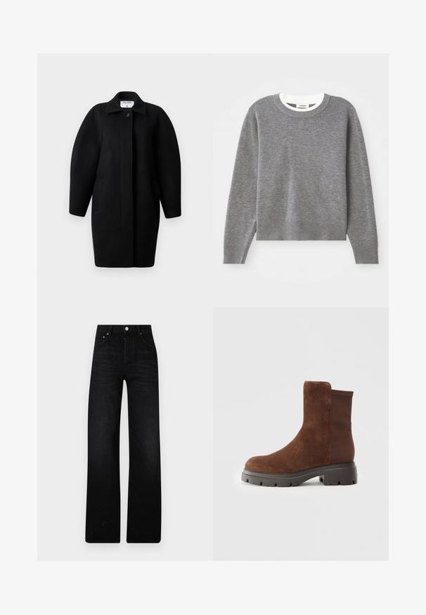 Must Black wool coat with a collared neckline, single-button closure, and rounded shoulders. Features two side pockets and a minimalist design.; Hallidega hall sviiter, millel on pikad varrukad, ümmargune kaelus ning soonikkoes mansetid ja äär.; Mustaga laiad teksad, valmistatud denimist. Omavad kõrget vöökohta, kahte eesmist taskut ja metallist nööbi kinnitust. Tekstuuriga viimistlus minimaalse kulumisega.; Pruun nahast ankle saapad elastsete külgpaneelidega, ümmargune varvas ja paks kummist tald, millel on tekstureeritud kulumisjälgede muster.