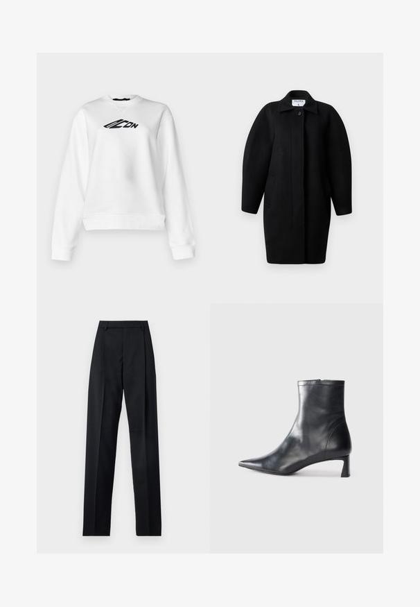 Zwarte wollen jas met een kraagneklijn, sluiting met één knop en ronde schouders. Bevat twee zijzakken en heeft een minimalistisch ontwerp.; Witte sweater met een ronde hals en lange mouwen. Zwarte grafische tekst op de borst. Zachte stof met een licht cropped fit.; Zwarte broek gemaakt van gladde stof met een hoge taille, wijde benen, voorplooien en klassieke ceintuurlussen. Geen zijzakken zichtbaar.; Zwarte leren enkellaars met een spitse neus en een slank ontwerp. Heeft een lage hak en een ritssluiting aan de achterkant. Gladde textuur.