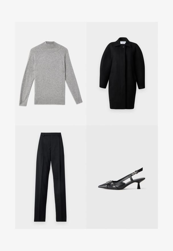 Crni vuneni kaput s ovratnikom, zatvaranjem na jedan gumb i zaobljenim ramenima. Ima dva bočna džepa i minimalistički dizajn.; Sivi pleteni pulover s visokim rebrastim izrezom, raglan rukavima i rebrastim manžetama, koji se odlikuje mekom teksturom i jednostavnim dizajnom.; Crne hlače od glatkog materijala s visokim strukom, širokim nogavicama, prednjim pregibima i klasičnim petljama za remen. Nema vidljivih bočnih džepova.; Crne kožne cipele s remenom oko pete, s izduženim vrhom, dekorativnim trakama s metalnim rupama i niskom blok petom. Teksturirana površina.