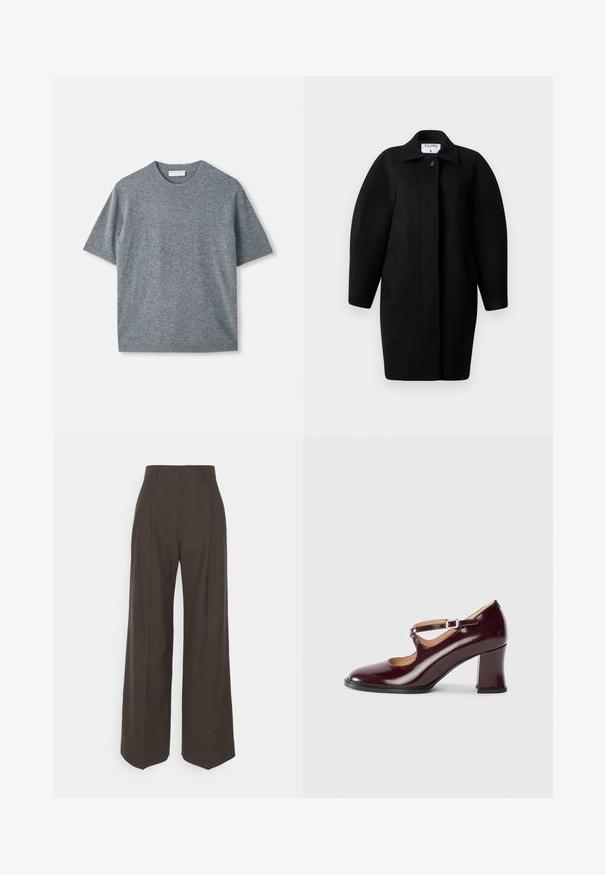 Mustahiilane villakate, millel on kraega kaelus, ühekohaline kinnihoiatus ja ümmargused õlarakmed. Omab kahte küljetaskut ja minimalistlikku disaini.; Harmaa lyhythihainen neulepaita, joka on valmistettu pehmeästä, kevyestä materiaalista. Siinä on pyöreä kaula-aukko, ribsitetyt hihanpäät ja helma. Sileä pinta hienovaraisella viimeistelyllä.; Tummanruskeat leveälahkeiset housut korkealla vyötäröllä, joissa on siistit prässäykset, sileä pinta ja muotoonommeltu istuvuus.; Kastanjan punainen patentoitu nahkakenkä, jossa on pyöreä varvas, etupuolella hihna ja solki, sekä tukeva lohkare korko.