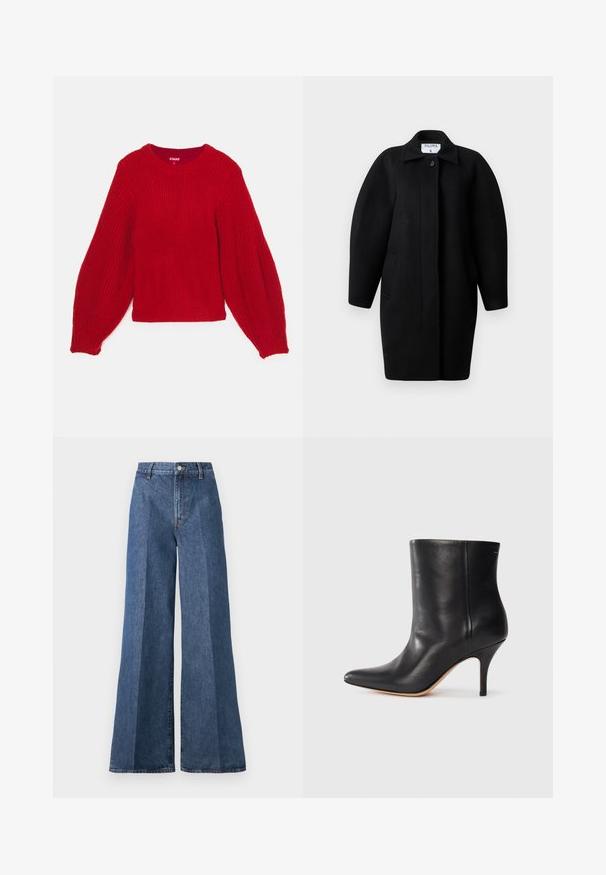 Mustahiilane villakate, millel on kraega kaelus, ühekohaline kinnihoiatus ja ümmargused õlarakmed. Omab kahte küljetaskut ja minimalistlikku disaini.; Punainen neulepaita, jossa on ribbikuvio ja pyöreä pääntie, sekä kookkaat pallosleeves. Lyhyt malli, jossa on istuva ribbikoriste.; Siniset leveälahkeiset farkut, joissa on korkea vyötärö, perinteinen viisi-taskumalli ja nappikiinnitys, valmistettu teksturoidusta puuvillakankaasta.; Musta nahkasaapas nilkkamittaisena, teräväkärkinen, kapea stiletto-korko ja sileä pinta. Minimalistinen muotoilu ilman näkyviä metalliosia tai kuvioita.