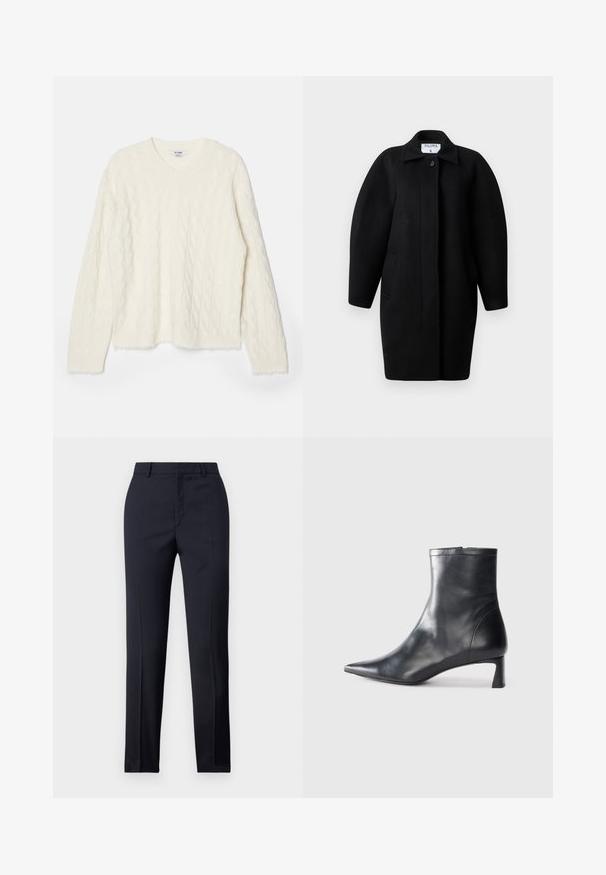 Fekete gyapjú kabát galléros nyakkivágással, egysoros gombos záródással és lekerekített vállakkal. Két oldalsó zsebet és minimalista dizájnt tartalmaz.; RE/DONE CABLE VNECK - Pulóver - ivory; Tengerészkék, egyenes szabású, szabott nadrág sima textúrával, két elülső zsebbel és letisztult derékkal.; Fekete bőr bokacsizma hegyes orral és letisztult dizájnnal. Alacsony sarka és hátsó cipzáras záródása van. Simának tűnő textúra.