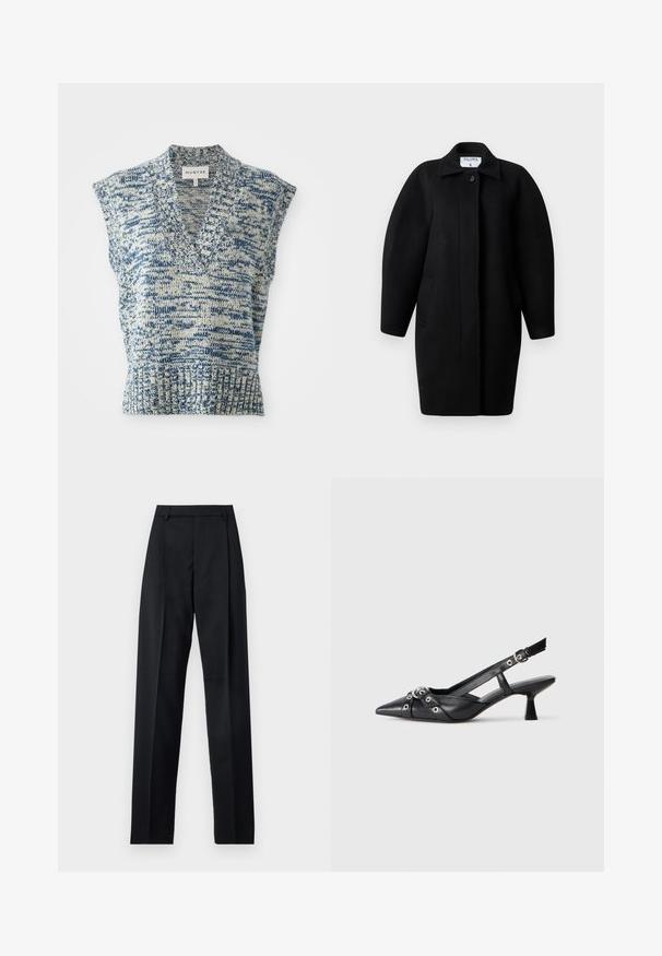 Crni vuneni kaput s ovratnikom, zatvaranjem na jedan gumb i zaobljenim ramenima. Ima dva bočna džepa i minimalistički dizajn.; Bezrukavni pleteni top u plavoj i krem boji s V-izrezom, teksturiranim uzorkom, rebrastim rubom i širokim otvaranjima za ramena. Brend oznaka: MUNTHE.; Crne hlače od glatkog materijala s visokim strukom, širokim nogavicama, prednjim pregibima i klasičnim petljama za remen. Nema vidljivih bočnih džepova.; Crne kožne cipele s remenom oko pete, s izduženim vrhom, dekorativnim trakama s metalnim rupama i niskom blok petom. Teksturirana površina.