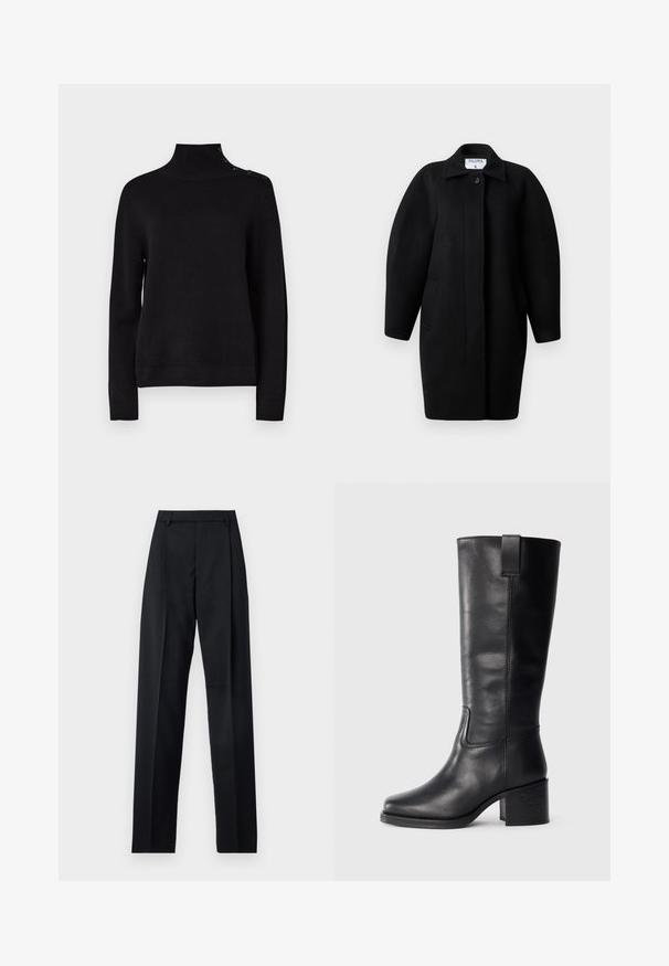 Zwarte wollen jas met een kraagneklijn, sluiting met één knop en ronde schouders. Bevat twee zijzakken en heeft een minimalistisch ontwerp.; Zwarte coltrui met lange mouwen, geribbeld textuur en knoopdetails aan de schouder. Eenvoudig ontwerp, geen zichtbare patronen.; Zwarte broek gemaakt van gladde stof met een hoge taille, wijde benen, voorplooien en klassieke ceintuurlussen. Geen zijzakken zichtbaar.; Zwarte leren kniehoge laarzen met een gladde textuur, vierkante neus, blokhak en zijhandvat, met minimale stikseldetails.