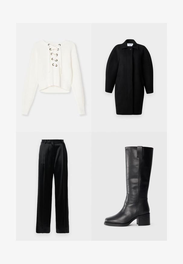 Black wool coat with a collared neckline, single-button closure, and rounded shoulders. Features two side pockets and a minimalist design.; White cropped sweater made of ribbed knit fabric. Features a lace-up front with metal eyelets. Long sleeves and a wide, ribbed hem.; Black high-waist satin trousers with straight wide legs, belt loops, and a flat front closure against a plain white background.; Black leather knee-high boots with a smooth texture, square toe, block heel, and side pull tab, featuring minimal stitching details.