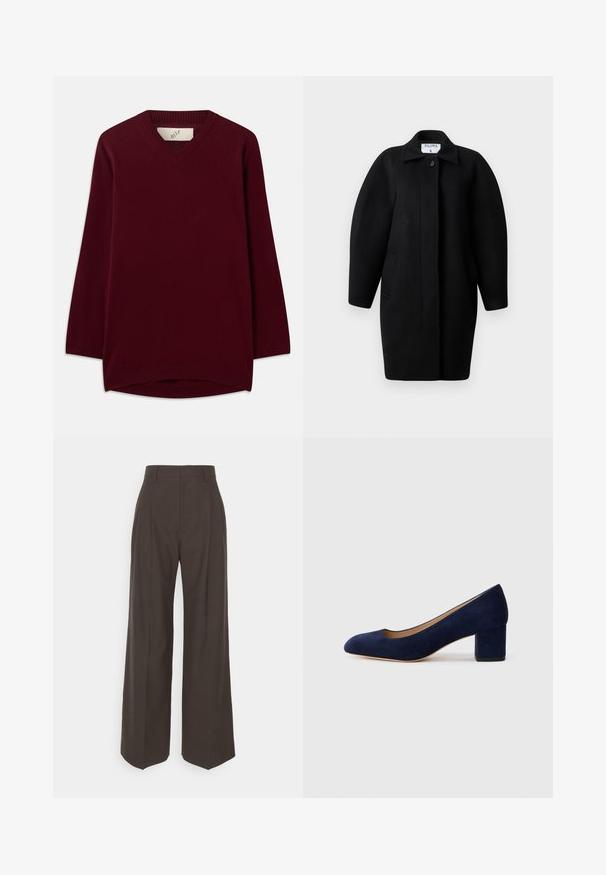 Fekete gyapjú kabát galléros nyakkivágással, egysoros gombos záródással és lekerekített vállakkal. Két oldalsó zsebet és minimalista dizájnt tartalmaz.; Burgundi V nyakú pulóver, puha anyagból készült, hosszú ujjakkal és bordázott kötött díszítéssel a nyaknál és az alján, lekerekített aljjal.; Sötétbarna, bő szárú nadrág magas derékkal, tisztán vasalt redőkkel, sima textúrával és testhez simuló fazonnal.; Tengerészkék velúr, hegyes orrú pumpa, középmagas tömbsarkúval. Simítású felület finom fénylő hatással, elöl egy kis kivágással.