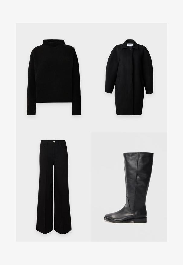 Black wool coat with a collared neckline, single-button closure, and rounded shoulders. Features two side pockets and a minimalist design.; Black turtleneck sweater made from soft fabric, featuring long sleeves and a relaxed fit, with minimal seams and no visible embellishments.; Black wide-leg jeans made of sturdy fabric, featuring a high waist, front pockets, and a front button closure. Flat hem at the bottom.; Black knee-high leather boot with a low heel and rounded toe, showing stitching details along the shaft and vamp.