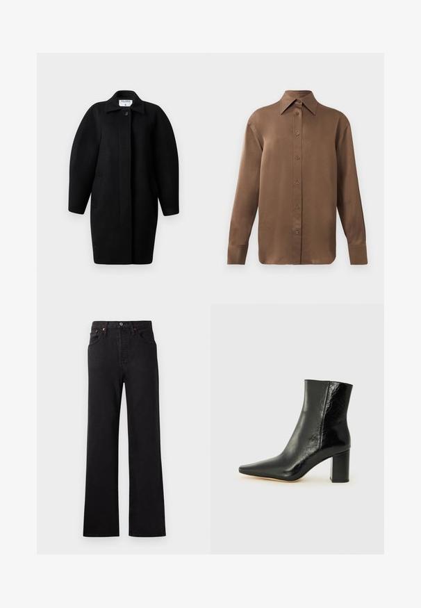Svart ullrock med krage, en knappstängning och rundade axlar. Har två sidofickor och en minimalistisk design.; Brun långärmad skjorta med knäppning, spettdetalj på kragen och manschetterna, uppvisad mot en vit bakgrund.; Högmidjade svarta denimjeans med utsvängd benstil, med synlig sömnad, femfickorsdesign och detaljer i kopparfärg.; Svarta ankelboots i glänsande läder med spetsig tå och kraftig, fyrkantig klack. Har en slät yta och en minimalistisk design.