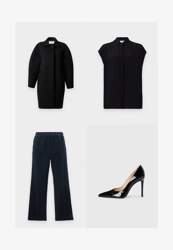 Sorte uldfrakke med krave, enkelt knaplukning og afrundede skuldre. Har to sidelommer og et minimalistisk design.; Sort, kortærmet bluse lavet af glat stof. Har en spids krave og en knaplukning foran. Rent, minimalistisk design.; Marineblå kordfløjl bukser med en vid ben design, elastisk talje og lodret ribbet struktur. Har sidelommer og en lige kant.; Sorte lakerede højhælede sko med en spids tå-design og en strømlinet silhuet. Har en glat, skinnende finish og en slank stiletto-hæl.