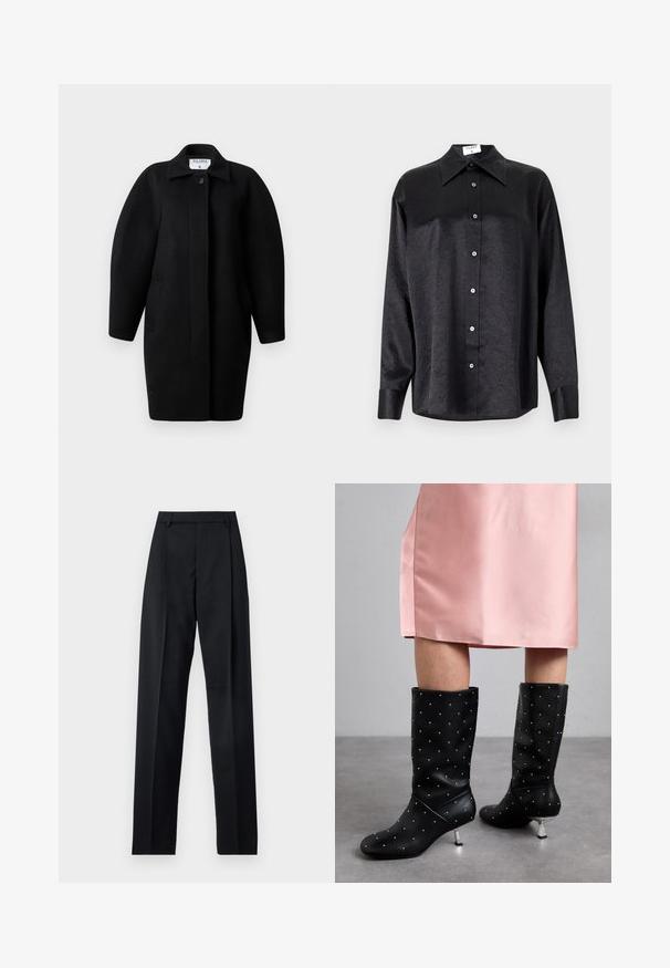 Abrigo de lana negro con un cuello con solapa, cierre de un botón y hombros redondeados. Presenta dos bolsillos laterales y un diseño minimalista.; Camisa negra de manga larga con cuello, que presenta una textura arrugada, botón frontal completo y puños. Fabricada en un tejido suave.; Pantalones negros de tela suave con cintura alta, piernas amplias, pliegues frontales y lazos de cinturón clásicos. No hay bolsillos laterales visibles.; Botas negras hasta la rodilla, hechas de un material suave, con un sutil patrón de tachuelas y un tacón de tono plateado. Combinadas con un vestido de satén rosa.
