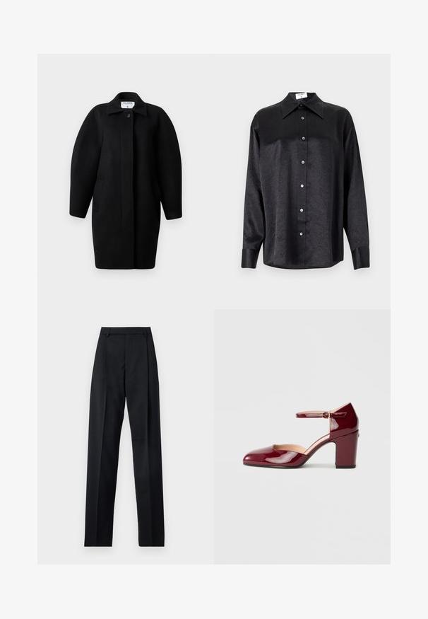 Black wool coat with a collared neckline, single-button closure, and rounded shoulders. Features two side pockets and a minimalist design.; Black long-sleeve shirt with a collared neckline, featuring a crinkled texture, full button front, and cuffs. Made from a smooth fabric.; Black trousers made from smooth fabric featuring a high waist, wide legs, front pleats, and classic belt loops. No side pockets visible.; Burgundy patent leather shoe with a pointed toe, ankle strap, and a block heel. Features a cut-out design along the sides.