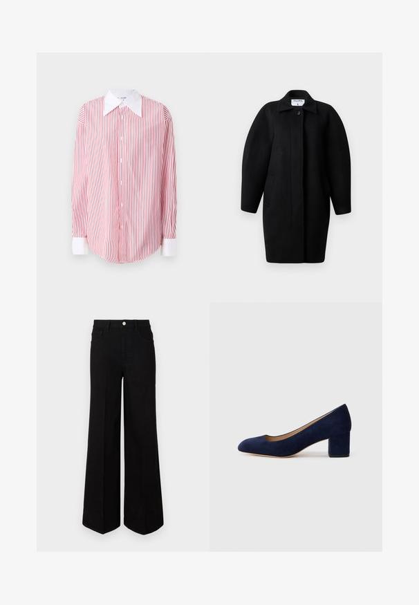 Čierny vlnený kabát s golierovým výstrihom, zapínaním na jeden gombík a zaoblenými plecami. Obsahuje dve bočné vrecká a minimalistický dizajn.; Červená a biela pruhovaná košeľa na gombíky s veľkým bielym golierom, dlhými rukávmi a zaobleným spodným okrajom. Hladká textúra látky.; Čierne široké džínsy vyrobené z pevnej tkaniny, s vysokým pásom, prednými vreckami a predným zapínaním na gombík. Rovný lem na spodnej strane.; Námořnické modré semišové lodičky s špičatou špičkou a středním blokovým podpatkem. Hladká textura s jemným leskem a malým výstřihem vpředu.