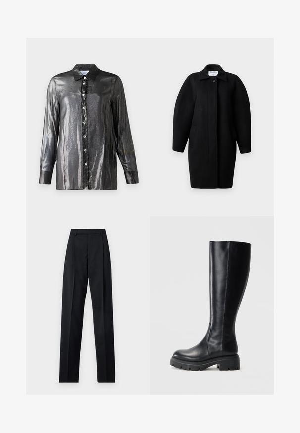 Palton negru din lână, cu guler la gât, închidere cu un singur nasture și umeri rotunjiți. Dispune de două buzunare laterale și un design minimalist.; Cămașă neagră, lucioasă, cu nasturi, dintr-un material glossy, cu mâneci lungi și guler clasic. Dispune de nasturi albi pe față.; Pantaloni negri dintr-un material neted, cu talie înaltă, picioare largi, pliuri frontale și loop-uri clasice pentru curea. Fără buzunare laterale vizibile.; Cizme negre până la genunchi, realizate din piele netedă, cu vârf rotunjit și o talpă din cauciuc masivă, dotată cu un model de striții pentru aderență.