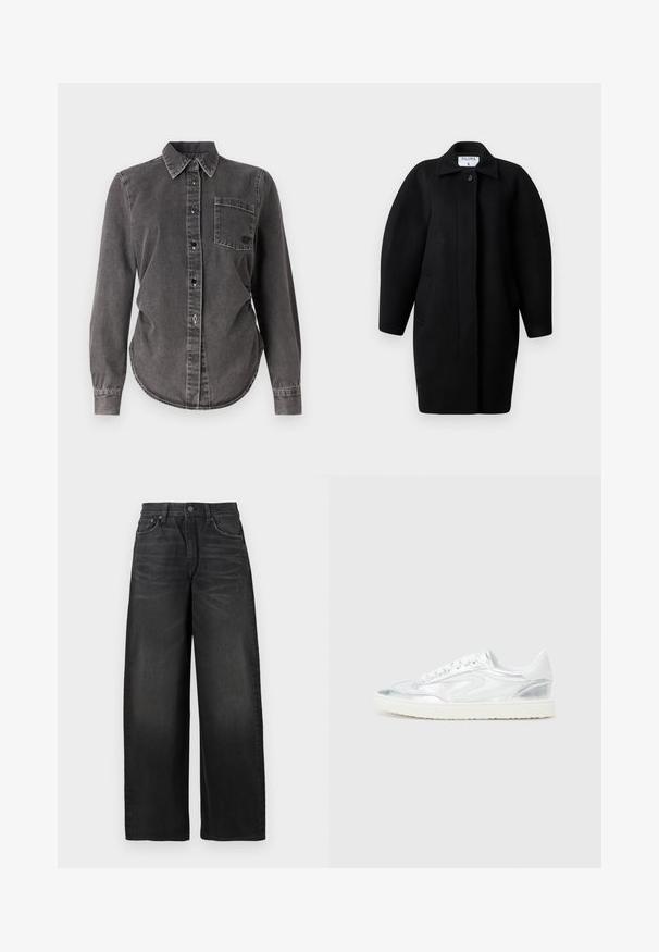 Czarny wełniany płaszcz z kołnierzem, zapięciem na jeden guzik i zaokrąglonymi ramionami. Posiada dwie boczne kieszenie oraz minimalistyczny design.; Ciemnoszara koszula dżinsowa z długimi rękawami, z zapięciem na guziki, ze spiczastym kołnierzem, pojedynczą kieszenią na piersi oraz zaokrąglonym dołem. Teksturowana powierzchnia z widocznymi szwami.; Czarne spodnie dżinsowe o wysokim stanie i szerokich nogawkach z delikatnym przetarciem oraz małą przetarciem na górnej prawej udzie.; Białe sneakersy z metalicznymi srebrnymi akcentami, gładka tekstura, okrągły nosek, płaska podeszwa i tradycyjny design na sznurówki.