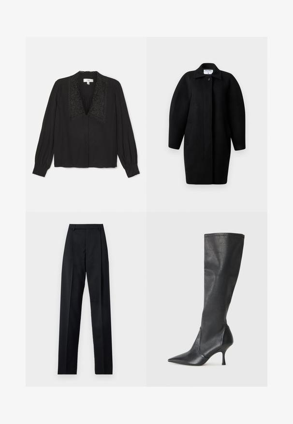 Melnas vilnas mētelis ar apkakles dekoltē, vienu pogu aizdari un noapaļotām plecu līnijām. Satur divas sānu kabatas un minimālistisku dizainu.; Melnā blūze ar garām piedurknēm, ar dekoratīvu izšūtu apkakli, pogu priekšpusi un savākta detaļa krūšu zonā. Gluda tekstūra.; Melnas bikses, izgatavotas no gludas auduma, ar augstu vidukli, platiem bikšu galdniekiem, priekšējiem krokām un klasiskām jostu cilpām. Sānu kabatas nav redzamas.; Ceļa auguma melni ādas zābaki ar smailu purngalu un šauru stiletto papēdi. Gluda tekstūra ar pieguļošu dizainu un izšuvumiem augšējā malā.