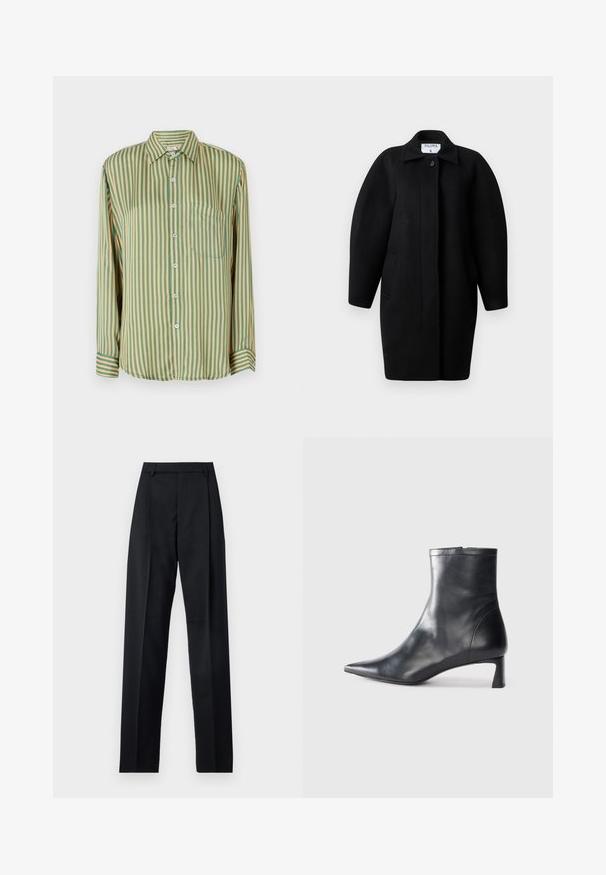 Black wool coat with a collared neckline, single-button closure, and rounded shoulders. Features two side pockets and a minimalist design.; Long-sleeve button-up shirt with green and yellow vertical stripes, featuring a chest pocket and blue buttons. Crafted from smooth fabric.; Black trousers made from smooth fabric featuring a high waist, wide legs, front pleats, and classic belt loops. No side pockets visible.; Black leather ankle boot with a pointed toe and a sleek design. Features a low heel and a zipper closure at the back. Smooth texture.