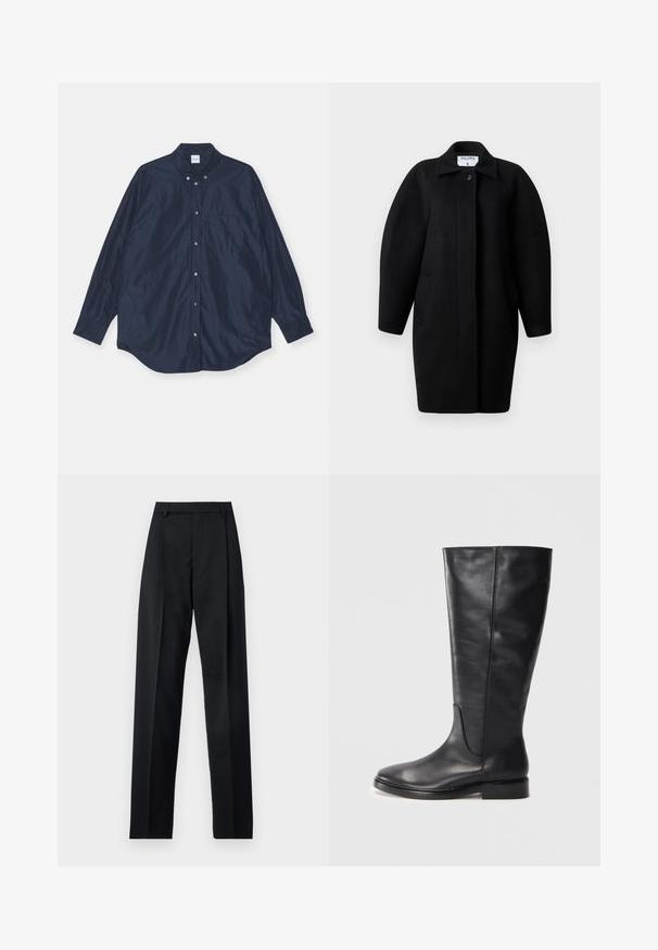 Palton negru din lână, cu guler la gât, închidere cu un singur nasture și umeri rotunjiți. Dispune de două buzunare laterale și un design minimalist.; Cămașă albastru marin cu mâneci lungi și nasturi, cu o textură asemănătoare satinului, include un singur buzunar pe piept și o margine rotunjită. Prezintă guler și manșete cu nasturi.; Pantaloni negri dintr-un material neted, cu talie înaltă, picioare largi, pliuri frontale și loop-uri clasice pentru curea. Fără buzunare laterale vizibile.; Botină neagră din piele, până la genunchi, cu un toc mic și bot rotund, care prezintă detalii de coasere pe tijă și pe partea din față.