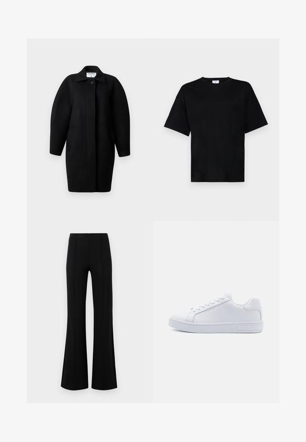 Melnas vilnas mētelis ar apkakles dekoltē, vienu pogu aizdari un noapaļotām plecu līnijām. Satur divas sānu kabatas un minimālistisku dizainu.; Melnā īsām piedurknēm T-kreklā brīvā izgriezumā, izgatavots no mīksta auduma, ar apaļu kakla izgriezumu un bez izteiktām rakstām vai akcentiem.; Melnas platas bikses ar augsto jostasvietu, izgatavotas no elastīga auduma. Satur vertikālas šuvju detaļas priekšpusē un gludu tekstūru.; Baltas ādas zema profila sporta apavi ar noapaļotu purngalu, plakanu gumijas zoli un logotipa detaļu sānos. Iezīmē sešas acu pārus un teksturētas akcentus.