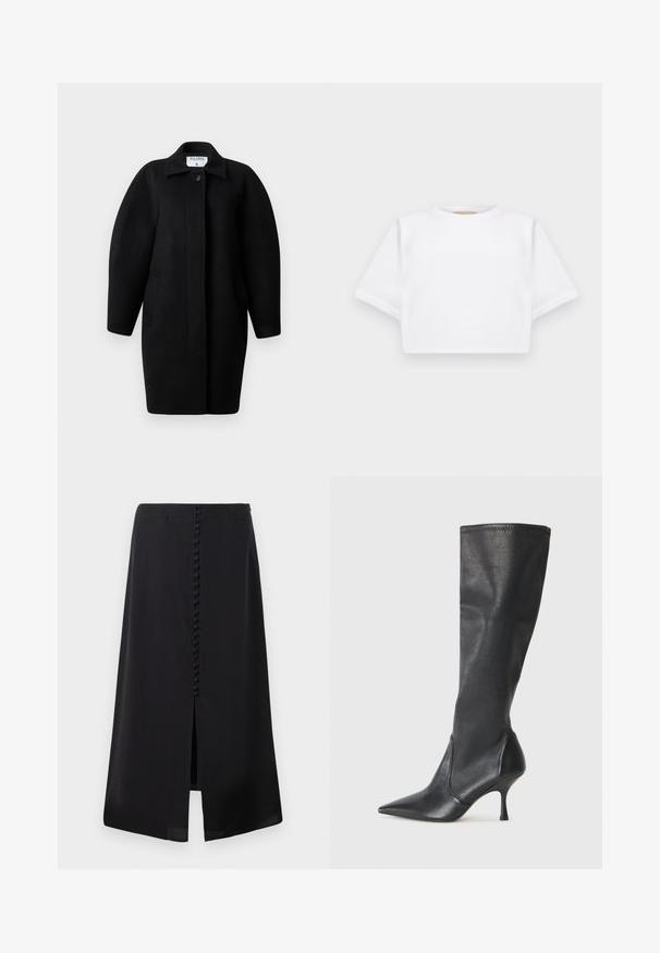 Black wool coat with a collared neckline, single-button closure, and rounded shoulders. Features two side pockets and a minimalist design.; Cropped white t-shirt made of soft fabric, featuring short sleeves, a round neckline, and ribbed hem details. Simple and unembellished design.; Black midi skirt made of smooth fabric, featuring a front slit and a row of small buttons down the back for detail.; Knee-high black leather boots with a pointed toe and a slim stiletto heel. Smooth texture with a fitted design and stitching at the top edge.