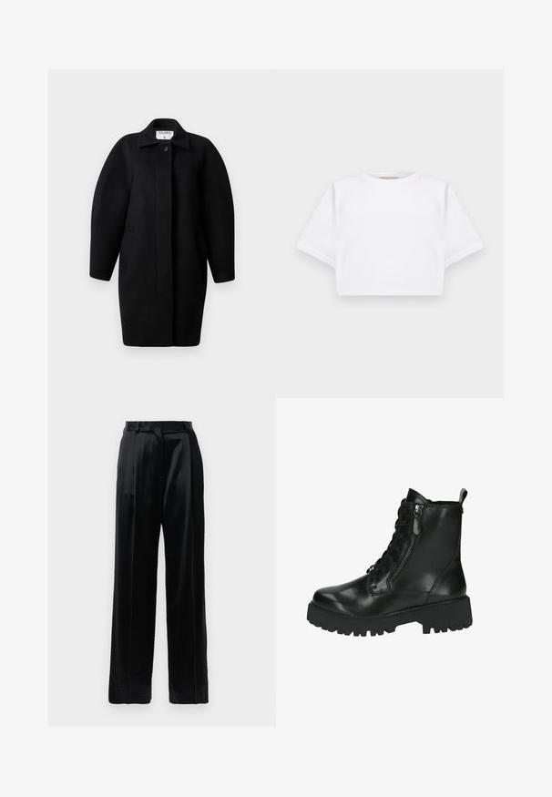Palton negru din lână, cu guler la gât, închidere cu un singur nasture și umeri rotunjiți. Dispune de două buzunare laterale și un design minimalist.; Tricou alb scurt dintr-un material moale, cu mâneci scurte, decolteu rotund și detalii ribbrate la margine. Design simplu și fără embellishments.; Pantaloni negri din satin, cu talie înaltă, picioare drepte și largi, cu bucle pentru curea și închidere plată, pe un fundal alb simplu.; Botine negre din piele cu o finisare lucioasă, cu șireturi în față, fermoar pe lateral și talpă din cauciuc texturată și robustă.