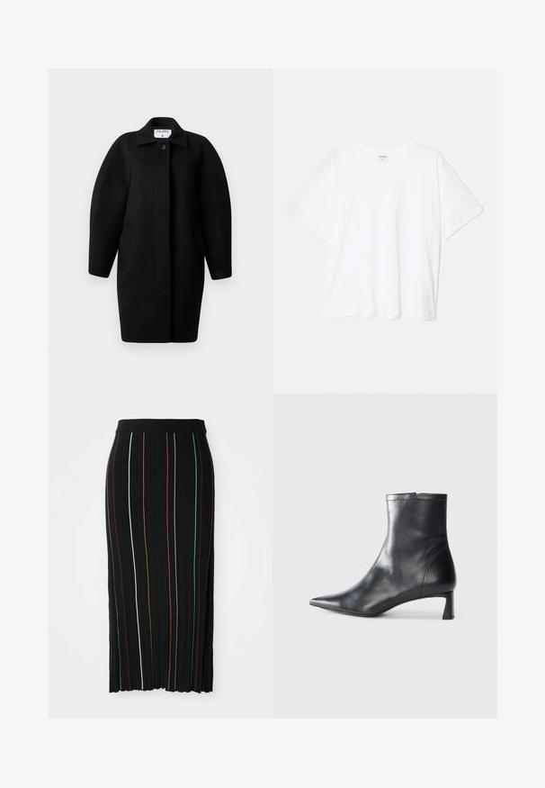 Zwarte wollen jas met een kraagneklijn, sluiting met één knop en ronde schouders. Bevat twee zijzakken en heeft een minimalistisch ontwerp.; Witte katoenen t-shirt met korte mouwen, ronde halslijn, comfortabele pasvorm en gestikte zoom. Etiket zichtbaar aan de binnenzijde van de hals.; Zwarte geplooide rok met verticale strepen in geel, oranje, rood, groen en wit. Heeft een aansluitende tailleband en een iets ongelijkmatige zoom.; Zwarte leren enkellaars met een spitse neus en een slank ontwerp. Heeft een lage hak en een ritssluiting aan de achterkant. Gladde textuur.