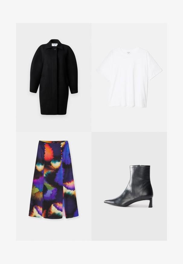 Juodas vilnonis paltas su apykakle, vieno mygtuko užsegimu ir apvaliais pečiais. Yra du šoniniai kišeniai ir minimalistinis dizainas.; Balta medvilnės marškinėliai trumpomis rankovėmis, apvalia iškirpte, laisvo kirpimo ir su siūtu kraštu. Etiketė matoma vidinėje iškirptės pusėje.; PS Paul Smith WOMENS SKIRT - Pieštukinis sijonas - multicolored; Juodas odinis kulkšninis batas su smailiu pirštu ir elegantišku dizainu. Turi žemą kulną ir užtrauktuką gale. Lygi tekstūra.