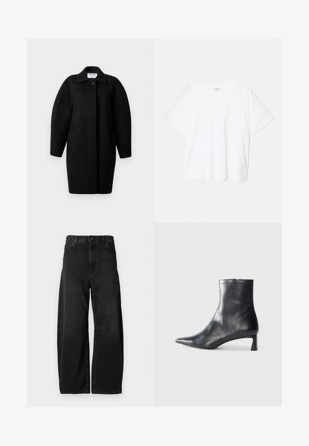 Juodas vilnonis paltas su apykakle, vieno mygtuko užsegimu ir apvaliais pečiais. Yra du šoniniai kišeniai ir minimalistinis dizainas.; Balta medvilnės marškinėliai trumpomis rankovėmis, apvalia iškirpte, laisvo kirpimo ir su siūtu kraštu. Etiketė matoma vidinėje iškirptės pusėje.; Plati džinsai juodos spalvos, pagaminti iš tvirto audinio, su aukšta liemene, didelėmis priekinėmis kišenėmis ir švariu, minimalistiniu siuvimo dizainu.; Juodas odinis kulkšninis batas su smailiu pirštu ir elegantišku dizainu. Turi žemą kulną ir užtrauktuką gale. Lygi tekstūra.