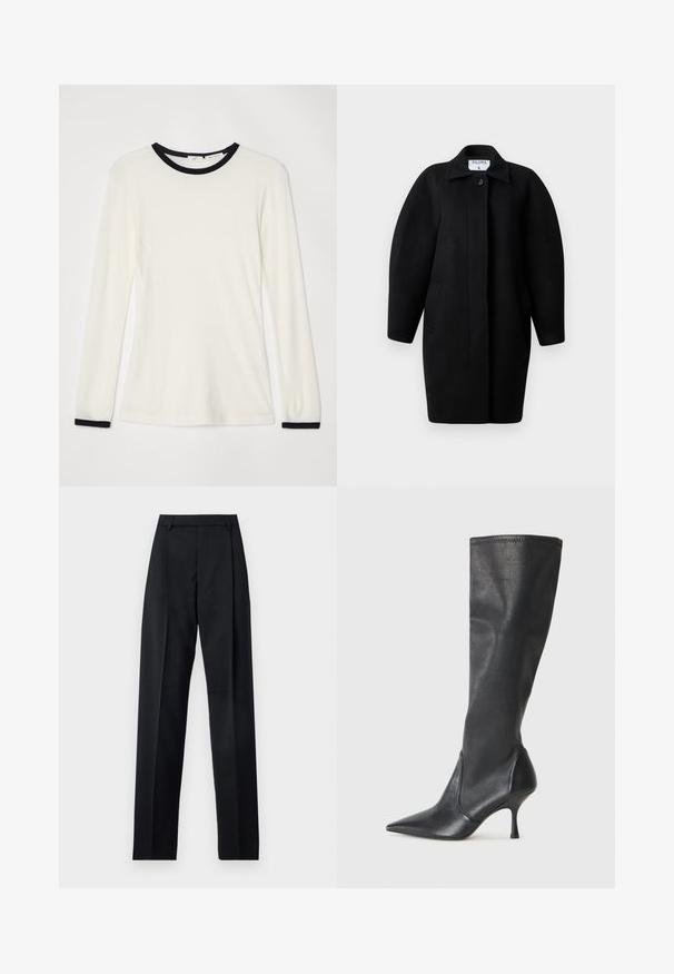 Fekete gyapjú kabát galléros nyakkivágással, egysoros gombos záródással és lekerekített vállakkal. Két oldalsó zsebet és minimalista dizájnt tartalmaz.; Hosszú ujjú ing tört fehér anyagból, fekete kerek nyakkivágással és mandzsetta díszítéssel. Puha tapintású, testhez simuló kialakítás sima felülettel.; Fekete nadrág sima anyagból, magas derékkal, széles lábakkal, elülső redőkkel és klasszikus övhurkokkal. Oldalzsebek nem láthatók.; Térd fölötti fekete bőr csizmák hegyes orral és karcsú stiletto sarkal. Simább textúrájúak, jól illeszkedő kialakítással és varrással a tetején.