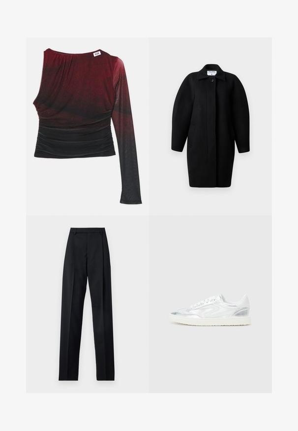Čierny vlnený kabát s golierovým výstrihom, zapínaním na jeden gombík a zaoblenými plecami. Obsahuje dve bočné vrecká a minimalistický dizajn.; Červený a čierny dlhý rukáv s priliehavým strihom, s riasenými detailmi a okrúhlym výstrihom. Hladká látka s ombre efektom.; Čierne nohavice vyrobené z hladkej látky s vysokým pásom, širokými nohavicami, prednými záhybmi a klasickými pútkami na opasok. Žiadne bočné vrecká nie sú viditeľné.; Biele tenisky s metalickými striebornými akcentmi, hladká textúra, okrúhly špic, plochá podrážka a tradičný šnurovací dizajn.