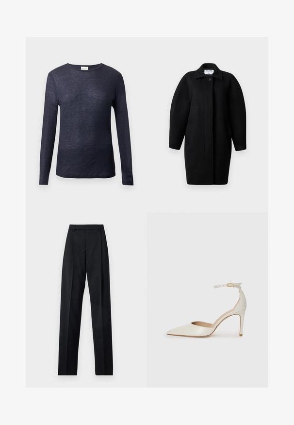 Juodas vilnonis paltas su apykakle, vieno mygtuko užsegimu ir apvaliais pečiais. Yra du šoniniai kišeniai ir minimalistinis dizainas.; Tamsiai mėlyna ilgomis rankovėmis marškinėliai su apvaliu iškirpimu, minkšta tekstūra, lengvas audinys ir laisvas siluetas. Prekės ženklo etiketė matoma ant iškirpimo.; Juodos kelnės iš lygaus audinio, pasižyminčios aukštu liemeniu, plačiomis kojomis, priekinėmis klostėmis ir klasikiais diržo kilpomis. Šoninių kišenių nematyti.; Balti odiniai aukštakulniai batai su smailiu priekiniu galu, kulkšnies dirželiu ir siauru stiletu. Lygi tekstūra su subtiliu blizgiu paviršiumi.