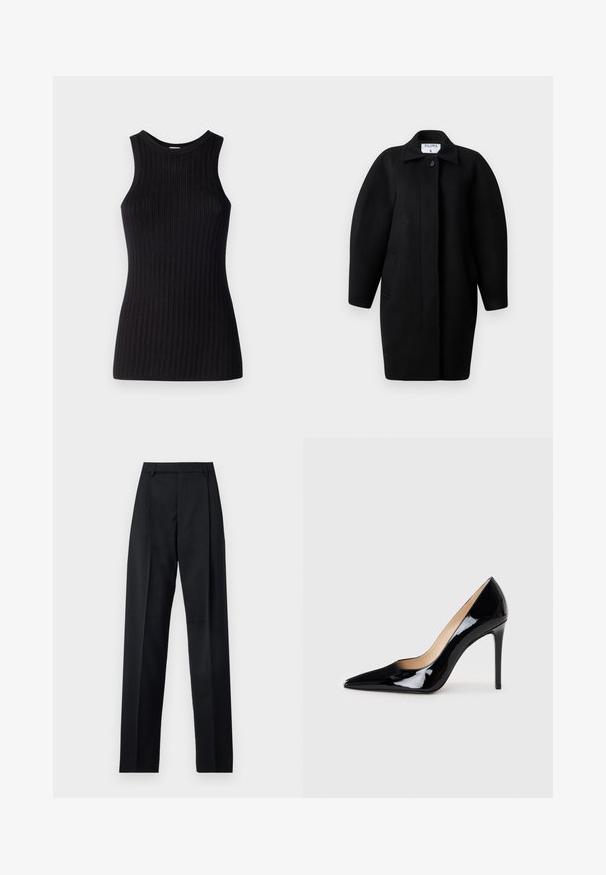 Sorte uldfrakke med krave, enkelt knaplukning og afrundede skuldre. Har to sidelommer og et minimalistisk design.; Sort ærmeløs top med ribbet tekstur, rund halsudskæring, tætsiddende pasform og en glat overflade. Letvægts strikstof.; Sorte bukser lavet af glat stof, der har høj talje, brede ben, frontfolder og klassiske bælteløkker. Ingen synlige sidelommer.; Sorte lakerede højhælede sko med en spids tå-design og en strømlinet silhuet. Har en glat, skinnende finish og en slank stiletto-hæl.