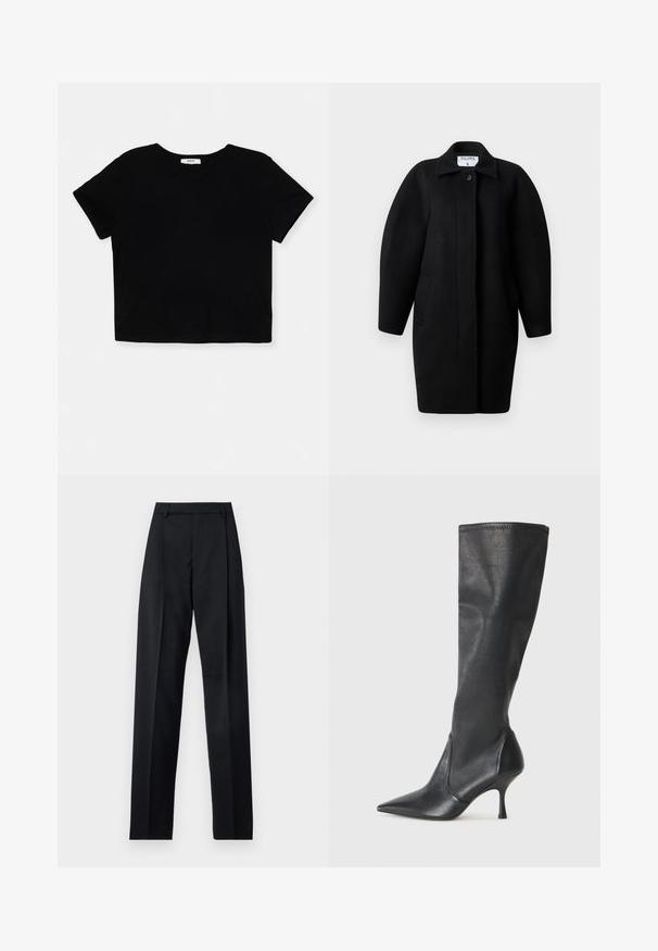 Schwarzer Wollmantel mit Kragen, einreihigem Knopfverschluss und abgerundeten Schultern. Verfügt über zwei Seitentaschen und ein minimalistisches Design.; Schwarzes, kurz geschnittenes T-Shirt aus weicher Baumwolle, mit kurzen Ärmeln, einem runden Halsausschnitt und einem sauberen Saum ohne Verzierungen.; Schwarze Hosen aus glattem Stoff mit hoher Taille, weitem Bein, vorderen Falten und klassischen Gürtelschlaufen. Keine sichtbaren Seitentaschen.; Knöchelhoche schwarze Lederstiefel mit einer spitzen Zehe und einem schlanken Stiletto-Blockabsatz. Glatte Textur mit einer enganliegenden Passform und Nähten am oberen Rand.