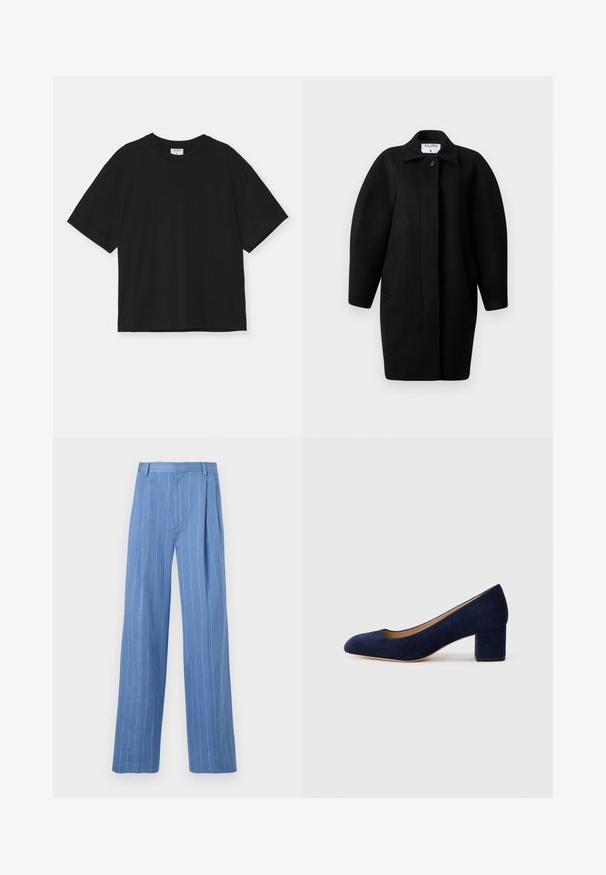 Black wool coat with a collared neckline, single-button closure, and rounded shoulders. Features two side pockets and a minimalist design.; Black short-sleeved t-shirt made of cotton. It features a relaxed fit, round neckline, and no visible patterns or embellishments.; Light blue wide-leg trousers with vertical white stripes. Made of smooth material, featuring a front pleat and a clean waistband design.; Navy blue suede pump with a pointed toe and a mid-height block heel. Smooth texture with a subtle sheen and a small cutout at the front.