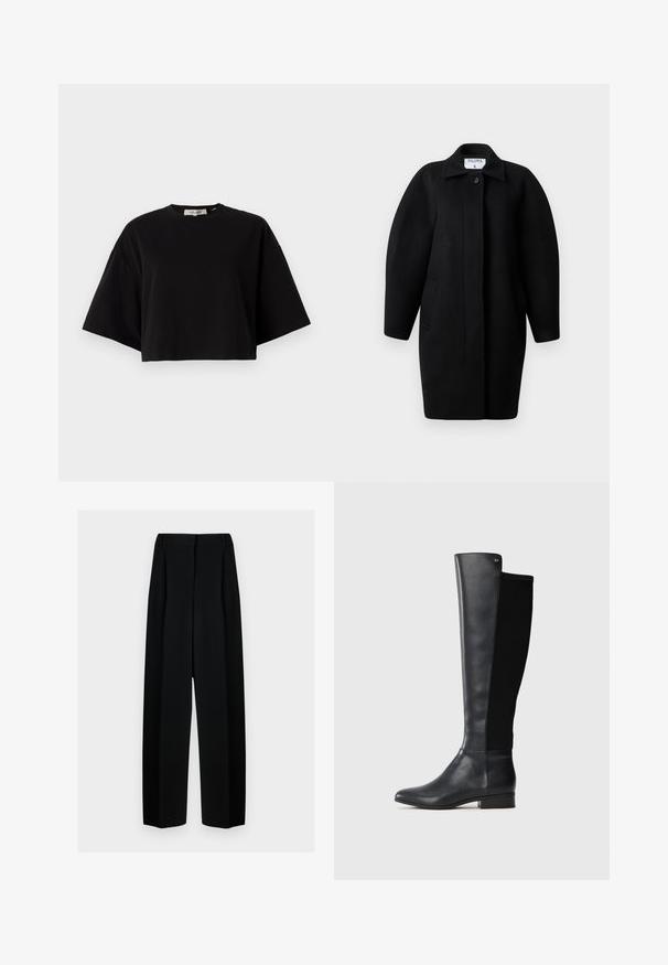 Black wool coat with a collared neckline, single-button closure, and rounded shoulders. Features two side pockets and a minimalist design.; Black cropped t-shirt made of cotton, featuring a round neckline and short, wide sleeves for a loose fit. Smooth texture, simple design.; Black wide-leg trousers with a high waist, featuring pleats and a smooth texture. The fabric appears lightweight and drapes elegantly.; Black knee-high leather boot with elastic fabric back panel, low block heel, and small metallic brand logo near top edge.