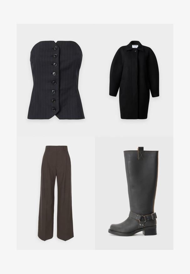 Black wool coat with a collared neckline, single-button closure, and rounded shoulders. Features two side pockets and a minimalist design.; Black pinstriped strapless top with a fitted design, featuring a straight neckline and seven front buttons for closure. Smooth fabric texture.; Dark brown wide-leg trousers with a high waist, featuring neatly pressed creases, smooth texture, and a tailored fit.; Black leather knee-high boot with a textured finish, featuring a side buckle accent and a low heel. Detailed stitching along the seams.