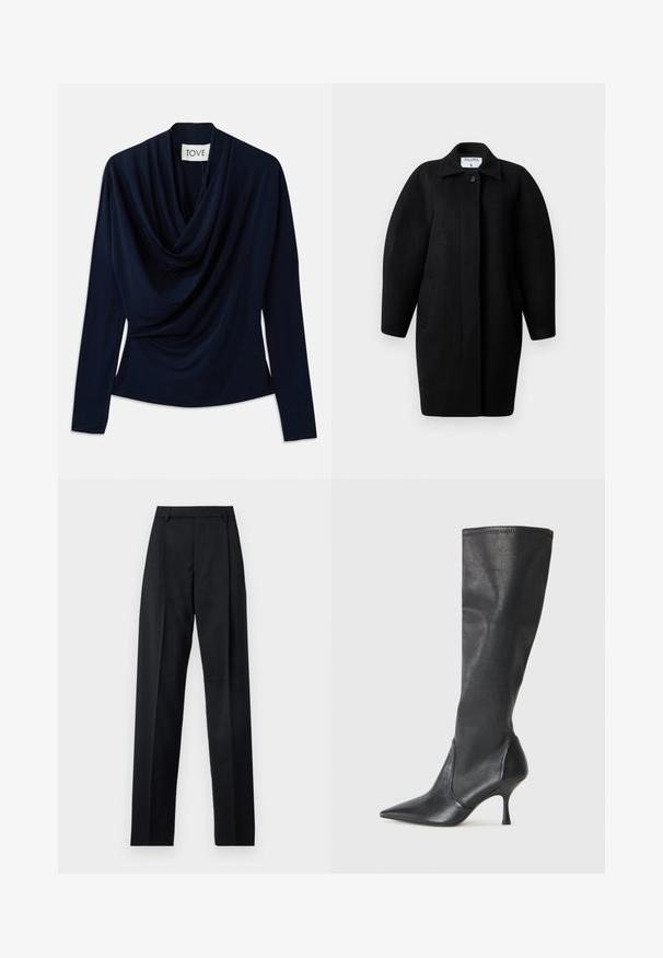 Mustahiilane villakate, millel on kraega kaelus, ühekohaline kinnihoiatus ja ümmargused õlarakmed. Omab kahte küljetaskut ja minimalistlikku disaini.; Meriinisininen pitkähihainen paita, jossa on ripustettu pääntie, valmistettu pehmeästä kankaasta. Ominaisuuksiin kuuluu vartalonmyötäinen leikkaus ja minimalistinen muotoilu. Brändilogo näkyvissä.; Musta housut, jotka on valmistettu sileästä kankaasta ja joissa on korkea vyötärö, leveät lahkeet, etukaarteet ja klassiset vyölenkit. Ei näkyviä sivutaskuja.; Polvisuuriset mustat nahkasaappaat, joissa on terävä kärki ja hoikka stiletto-korko. Silkkinen pinta, tiukka muotoilu ja ompeleet yläreunassa.