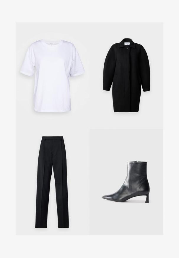 Must Black wool coat with a collared neckline, single-button closure, and rounded shoulders. Features two side pockets and a minimalist design.; Valge puuvillane T-särk ümarate kaelustega, lühikeste varrukatega ja vaba lõikega. Omab minimaalset brändimist kaeluse juures. Sile tekstuur.; Mustad püksid siledast kangast, millel on kõrge vöökoht, laiad jalad, esimesed kortsud ja klassikalised vööloopid. Küljepockets pole nähtavad.; Mustad mustall nahkasaabas terava nina ja stiilse disainiga. Omab madalat konts ja luku sulgemist taga. Sile tekstuur.