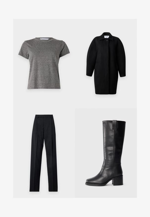 Fekete gyapjú kabát galléros nyakkivágással, egysoros gombos záródással és lekerekített vállakkal. Két oldalsó zsebet és minimalista dizájnt tartalmaz.; Mother LIL GOODIE GOODIE TEE - Basic póló - grey; Fekete nadrág sima anyagból, magas derékkal, széles lábakkal, elülső redőkkel és klasszikus övhurkokkal. Oldalzsebek nem láthatók.; Fekete bőr, térd fölé érő csizmák sima textúrával, négyzetes orral, tömbsarkúval és oldalsó húzófüllel, minimális varrási részletekkel.