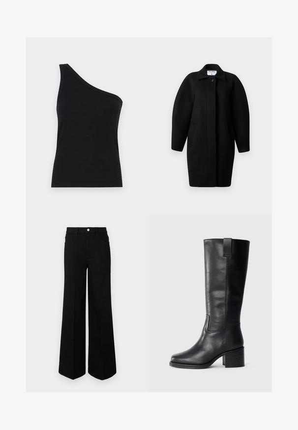 Sorte uldfrakke med krave, enkelt knaplukning og afrundede skuldre. Har to sidelommer og et minimalistisk design.; Løsningstanktop med en skulder i sort ribbet stof, der har et tætsiddende design og blød tekstur. Har en ren, minimalistisk skæring og en glat halsudskæring.; Sorte vide ben-jeans lavet af robust stof, med høj talje, forlommer og en frontal knaplukning. Flad kant i bunden.; Sorte læderknæhøje støvler med en glat tekstur, firkantet tå, blokhæl og sideløkke, der har minimale syninger.