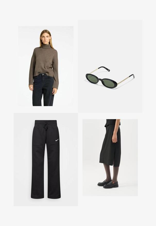 Zwarte nepbontjas met een ronde kraag en ongelijke lengte. Kenmerkt zich door een lange, warrige textuur en heeft geen zichtbare sluitingen.; Bruine coltrui met geribde zoom en brede mouwen, gecombineerd met donkere high-waisted jeans. Zacht, textuur gebreid materiaal.; Zwarte sweatpants van een katoenmix, voorzien van een tailleband met koord, rechte pijpen, en een wit Nike-logo aan de linkerzijde.; Zwarte knielange rok met zijsplit, gecombineerd met zwarte loafers en doorzichtige bruine panty's, met een mooie stof en een eenvoudig ontwerp.; Ovale zonnebril met groene lenzen, zwarte kunststof voorkant en dunne gouden metalen pootjes. Beschikt over een minimalistisch ontwerp met een gladde textuur.