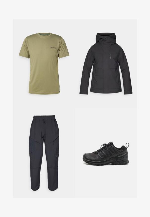 Musthave veekindel jakk kapuutsiga, millel on kaks suurt eesmist taskut, tõmbluku sulgemine ja reguleeritavad mansetid mugava istuvuse tagamiseks.; Lühikeste varrukatega oliivroheline T-särk, mis on valmistatud pehmest kangast, ümmarguse kaelusega, musta Columbia logo ja minimaalsete õmblusdetailidega.; Mustad mustad püksid, mis on valmistatud kergest veekindlast materjalist; sisaldavad elastset vööd, mitmeid lukuga taskuid ja kitsenevaid jalgu.; Must have piisii mustriga sünteetiline pealis, pehme tallaga ja kiire lukkusüsteemiga mustad spordijalatsid. Omab tugevdusi varba- ja kannaosas.