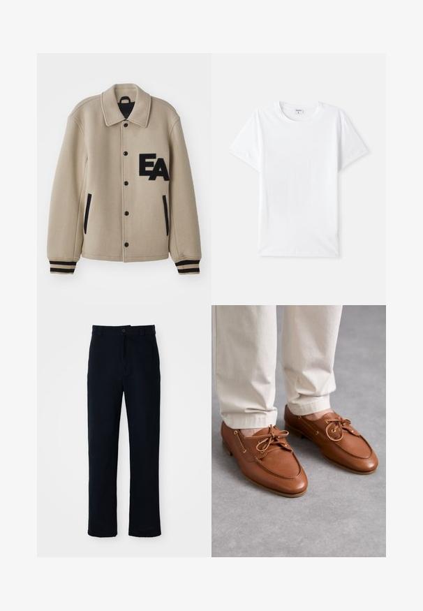 Béžová vlněná bunda se směsí s texturovaným povrchem, černými akcenty, druky, bočními kapsami a vyšitým logem "EA" na hrudi.; Bílá bavlněná tričko, kulatý výstřih, krátké rukávy, hladká textura, bez vzorů nebo akcentů, jednoduchý design, standardní střih.; Námorně modré kalhoty vyrobené ze 100 % bavlny, s rovnými nohavicemi, předním zapínáním na knoflík a klasickým pasem s poutky na pásek.; Bally PATHY - Šněrovací boty - deserto