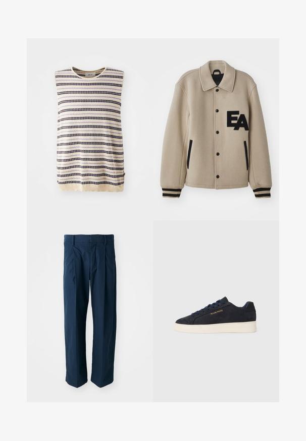 Beige wool blend jacket with a textured finish, black accents, snap buttons, side pockets, and an embroidered "EA" logo on the chest.; Knit sleeveless top in cream with alternating horizontal stripes of purple, black, and light blue; round neckline and textured fabric.; Navy blue trousers made of cotton, featuring a relaxed fit, front pleats, and a flat waistband with belt loops.; Navy blue suede low-top sneaker with white sole, navy laces, and "Filling Pieces" logo in gold on the side.