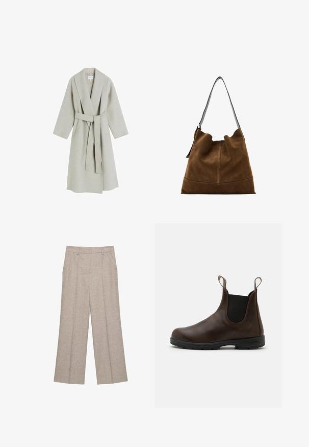 Lichtgrijze, lange wollen jas met een sjawlboord, brede mouwen en een bijpassende stoffen riem. Heeft een minimalistisch ontwerp zonder zichtbare patronen.; Witte overhemd met knopen gemaakt van katoen, met een borstzak en een klein geborduurd logo. Ontspannen pasvorm met een klassieke kraag en lange mouwen.; Lichtgrijze wijde broek van textuurstof, met twee zijzakken en voorplooien voor extra detail.; Bruine leren enkellaars met elastische zijkanten, trekriempjes en een getextureerde rubberen zool. Heeft een slank, rond te ontwerp.; Bruine suede emmer tas met een zwarte leren schouderriem, met een zachte silhouette en naaddetail aan de onderkant.