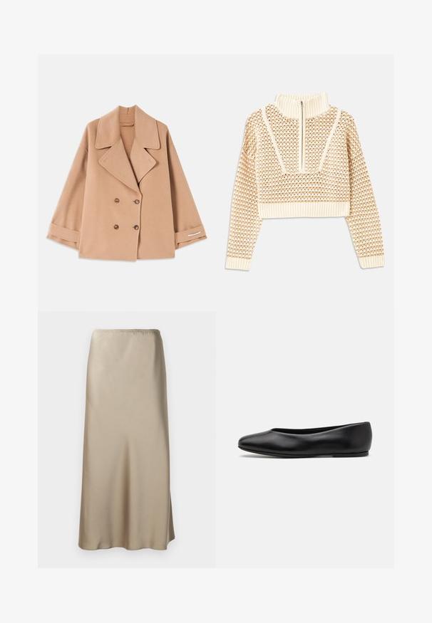 Tan double-breasted coat made of soft fabric, featuring large lapels, wooden buttons, and rolled cuffs with a white accent strip.; Light beige cropped sweater with a zippered mock neck, featuring a textured pattern and ribbed cuffs and hem. Combines knit and woven materials.; Satin midi skirt in light beige with an elastic waistband, smooth texture, and a flowing A-line shape. No visible patterns or hardware.; Paul Smith TOPANGA - Ballet pumps - black