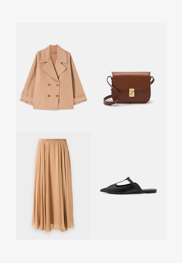 Hnedý dvojradový kabát z mäkkej tkaniny, s veľkými klopami, drevenými gombíkmi a založenými manžetami s bielym akcentovým pruhom.; Svetlo béžový skrátený sveter so zipsovým vysokým golierom, s textúrovaným vzorom a rebrovanými manžetami a spodným lemom. Kombinuje pletené a tkané materiály.; Maxi sukňa v svetlej béžovej farbe, vyrobená z voľného materiálu. Má zhrnutý elastický pás a jemné záhyby pre pohodlný pohyb.; Čierne kožené sandále so špičatou špičkou, ktoré majú tkaný detail a zborený dizajn vrchnej časti. Plochá podrážka s minimálnym hardvérom.; Hnedá kožená kabelka s klopou, zlatými kovovými prvkami, ramenným popruhom a hladkým povrchom. Kompaktný obdĺžnikový tvar.