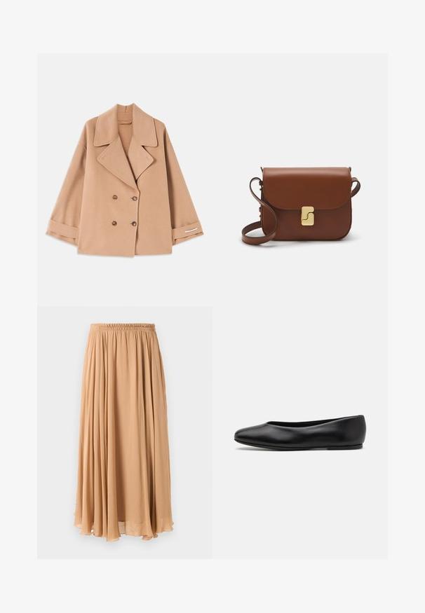 Beige Doppelreiher-Mantel aus weichem Stoff, mit großen Rever, Holzknöpfen und umgeschlagenen Manschetten mit einem weißen Akzentstreifen.; Helles, beigefarbenes, kurzes Sweatshirt mit einem Reißverschlusskragen, das ein strukturiertes Muster sowie gerippte Bündchen und Saum aufweist. Kombiniert Strick- und Webmaterialien.; Maxi-Rock in hellbeige, aus fließendem Stoff gefertigt. Verfügt über einen gerafften, elastischen Bund und sanfte Falten für Bewegung.; Paul Smith TOPANGA - Klassischer Ballerina - black; Braune Ledertasche mit Klappenverschluss, Beschlägen in Goldfarbe, einem Schultergurt und einer glatten Oberfläche. Kompakte rechteckige Form.