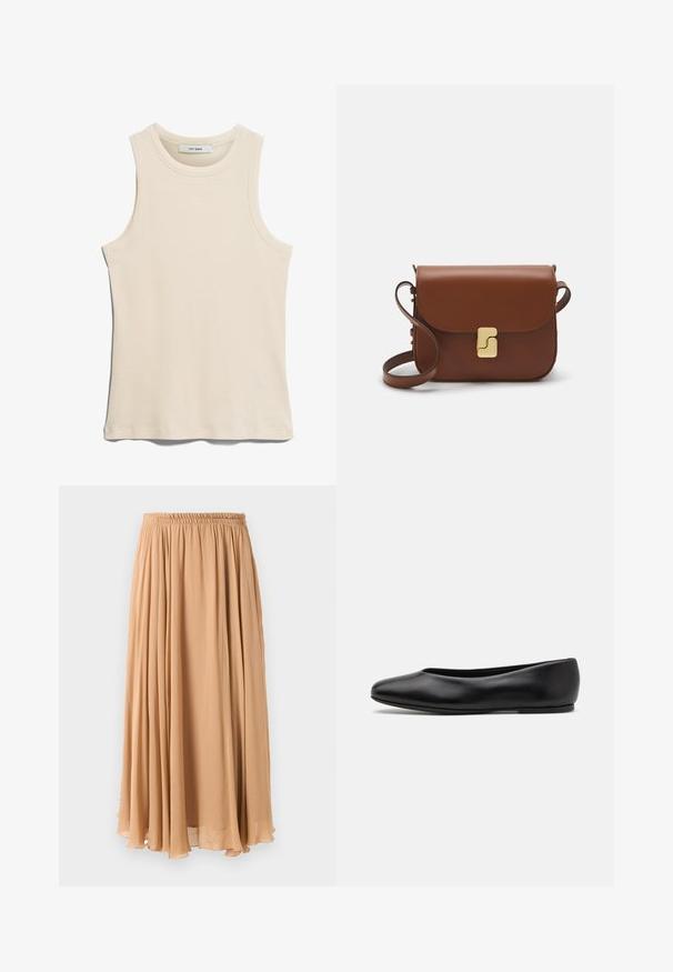 Beige Doppelreiher-Mantel aus weichem Stoff, mit großen Rever, Holzknöpfen und umgeschlagenen Manschetten mit einem weißen Akzentstreifen.; Helles, beigefarbenes, kurzes Sweatshirt mit einem Reißverschlusskragen, das ein strukturiertes Muster sowie gerippte Bündchen und Saum aufweist. Kombiniert Strick- und Webmaterialien.; Ärmelloses, hellbeiges Tanktop aus geripptem Stoff, mit rundem Halsausschnitt und einem klaren, minimalistischen Design.; Maxi-Rock in hellbeige, aus fließendem Stoff gefertigt. Verfügt über einen gerafften, elastischen Bund und sanfte Falten für Bewegung.; Paul Smith TOPANGA - Klassischer Ballerina - black; Braune Ledertasche mit Klappenverschluss, Beschlägen in Goldfarbe, einem Schultergurt und einer glatten Oberfläche. Kompakte rechteckige Form.