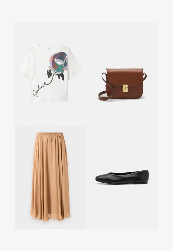 Tan dvojvrstni plašč iz mehkega blaga, s širokimi ovratniki, lesenimi gumbi in zvitimi manšeti z belim akcentnim trakom.; Svetilka svetlo bež barve s krajšim krojem in zadrgo na ovratniku, ki ima strukturiran vzorec ter rebraste manšete in spodnji rob. Združuje pletene in tkane materiale.; Bela skrajšana majica z barvitim grafičnim vzorcem vrtnice v odtenkih modre, roza in zelene, z napisom "Paul Smith" v črni barvi.; Maxi krilo v svetlem bežu, izdelano iz lahkotnega materiala. Ima nabran elastičen pas in mehak nabran kroj, ki omogoča gibanje.; Paul Smith TOPANGA - Balerinke - black; Rjava usnjena torbica s poklopcem, zlato obarvani okovi, naramnica in gladka tekstura. Kompaktna pravokotna oblika.