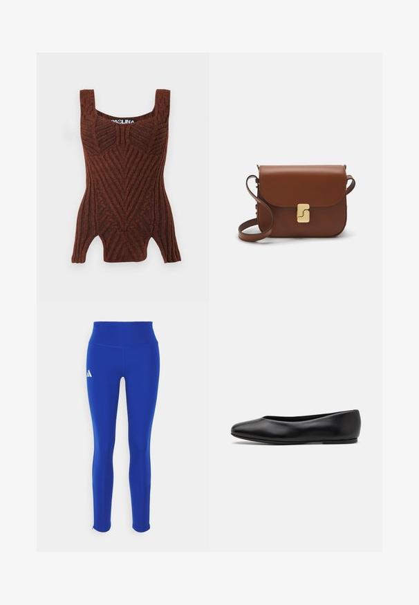 Beige Doppelreiher-Mantel aus weichem Stoff, mit großen Rever, Holzknöpfen und umgeschlagenen Manschetten mit einem weißen Akzentstreifen.; Helles, beigefarbenes, kurzes Sweatshirt mit einem Reißverschlusskragen, das ein strukturiertes Muster sowie gerippte Bündchen und Saum aufweist. Kombiniert Strick- und Webmaterialien.; Braunes gestricktes Tanktop mit ribbeliger Struktur, mit geometrischem Muster, breiten Schulterträgern und taillierter Silhouette.; Blaue Sportleggings mit hohem Bund, aus dehnbarem Material, mit einem weißen Logo auf der linken Hüfte und unauffälligen Säumen.; Paul Smith TOPANGA - Klassischer Ballerina - black; Braune Ledertasche mit Klappenverschluss, Beschlägen in Goldfarbe, einem Schultergurt und einer glatten Oberfläche. Kompakte rechteckige Form.